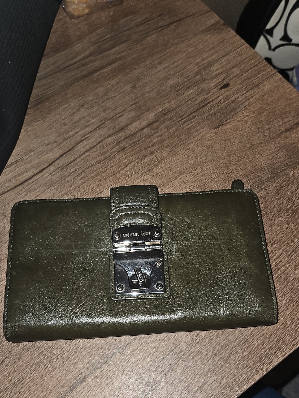 Michael Kors Olive Green Leather Wallet with Silver-Tone Lock Detail